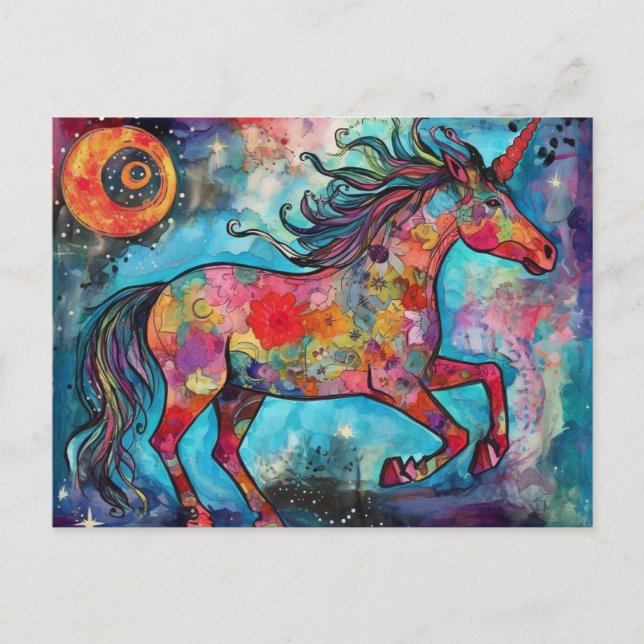 Full Moon Unicorn Floral Collage Postcard (Front)