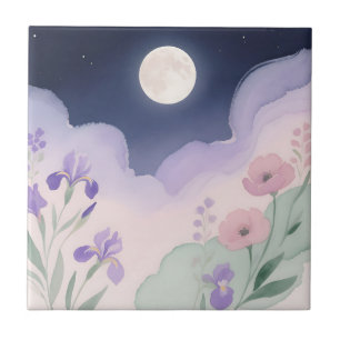 Full Moon Watercolor Iris Floral Night Ceramic Tile