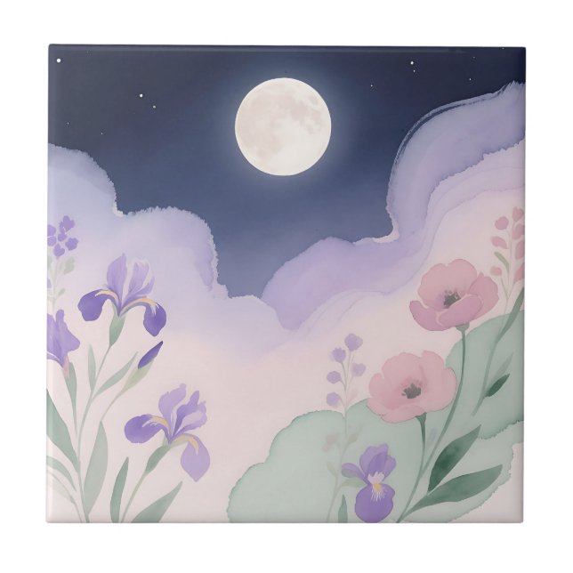 Full Moon Watercolor Iris Floral Night Ceramic Tile (Front)