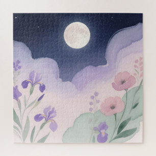 Full Moon Watercolor Iris Floral Night Jigsaw Puzzle