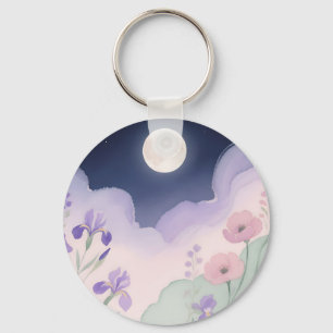 Full Moon Watercolor Iris Floral Night Keychain