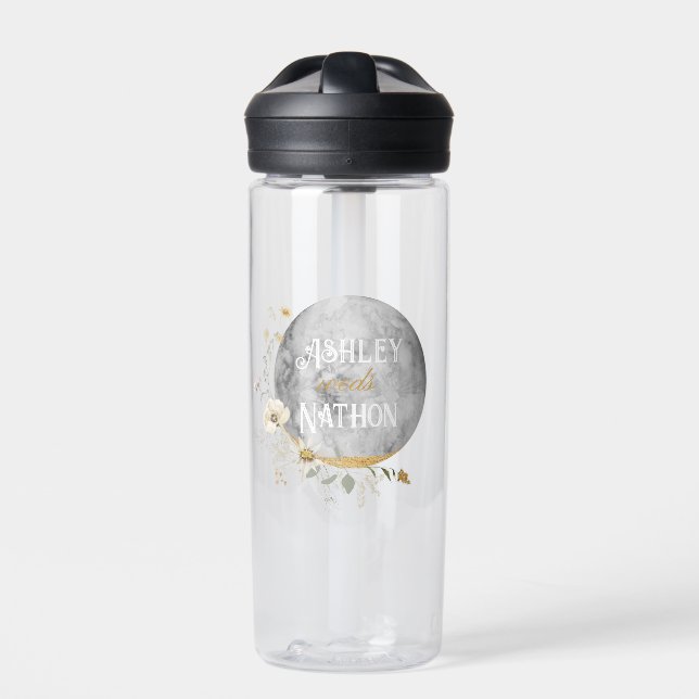 Full Moon Wildflower Gold Watercolor Wedding  Water Bottle (Front)