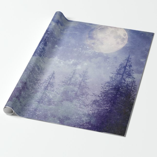 Full Moon Winter Pine Tree Forest Wrapping Paper (Unrolled)