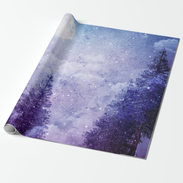 Full Moon Winter Purple Forest Wrapping Paper (Unrolled)