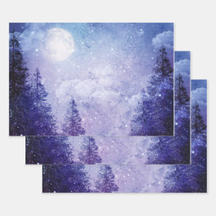 Full Moon Winter Purple Forest Wrapping Paper Sheets