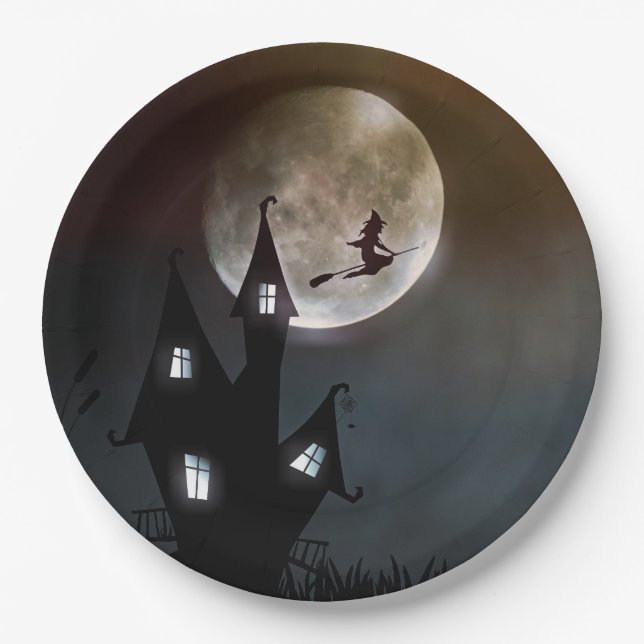 Full Moon Witch Halloween Paper Plates (Front)