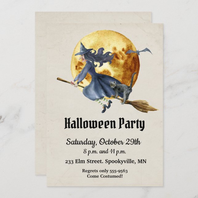 Full Moon Witch Halloween Party Invitation (Front/Back)