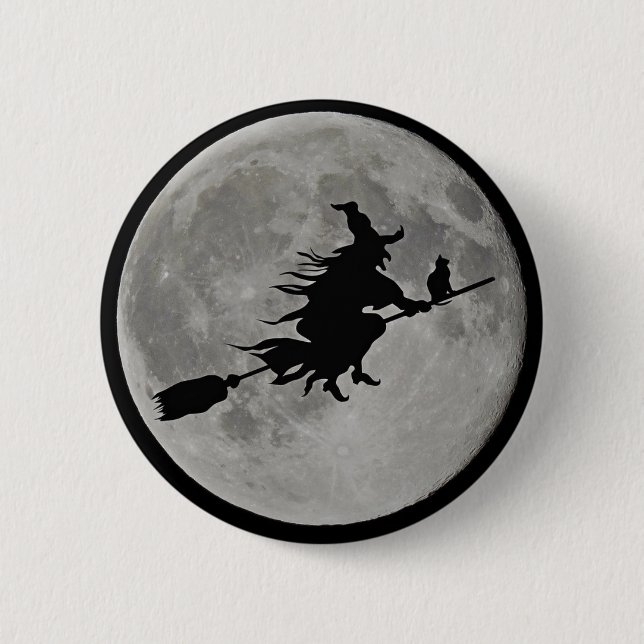 FULL MOON WITCH ON BROOM Halloween Witch  BUTTON (Front)