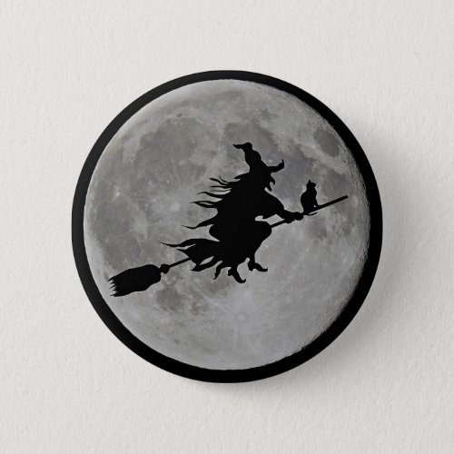 FULL MOON WITCH ON BROOM Halloween Witch  BUTTON
