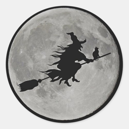 FULL MOON WITCH ON BROOM Halloween Witch  BUTTON Classic Round Sticker