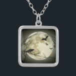 Full Moon with bats and Raven Silver Plated Necklace<br><div class="desc">Halloween and gothic themed image. A big full moon at night with bats flying around and a raven sitting on the branch of a craggy tree.</div>