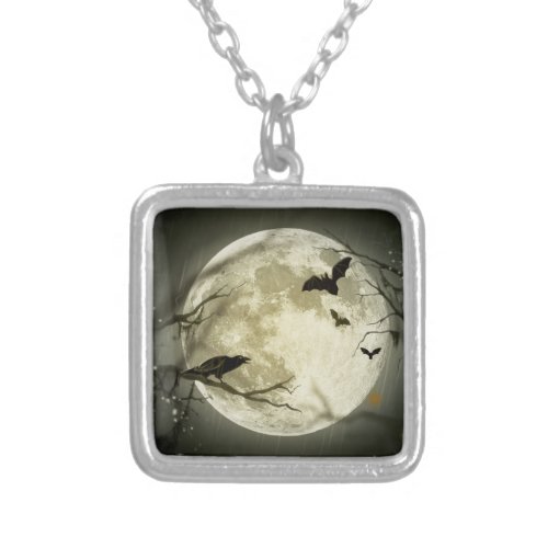 Full Moon with bats and Raven Silver Plated Necklace
