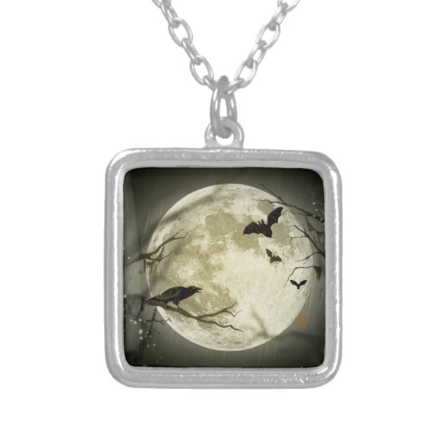 Full Moon with bats and Raven Silver Plated Necklace (Front)
