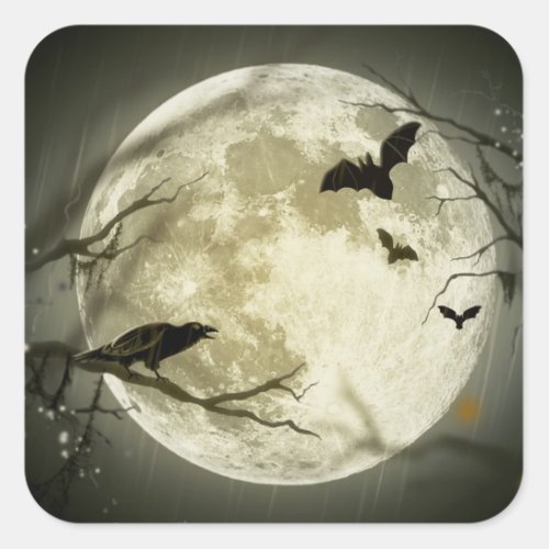 Full Moon with bats and Raven Square Sticker