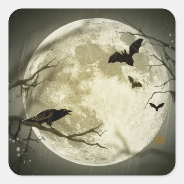 Full Moon with bats and Raven Square Sticker (Front)
