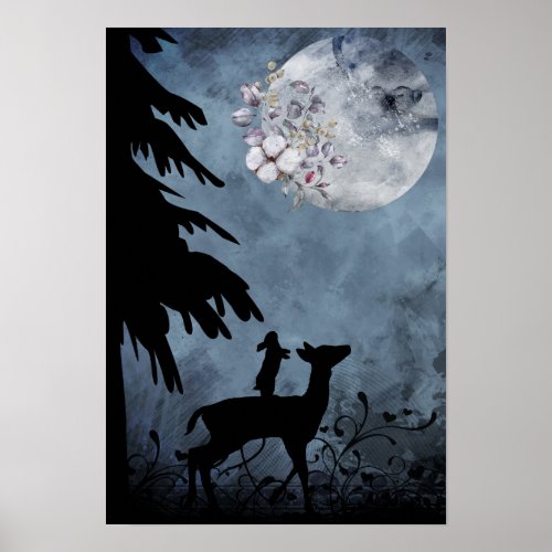Full Moon with Flowers and Woodland Animals Poster