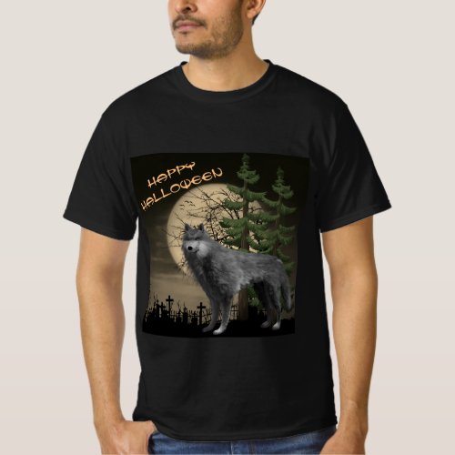 Full Moon with Gray Wolf Happy Halloween  T_Shirt