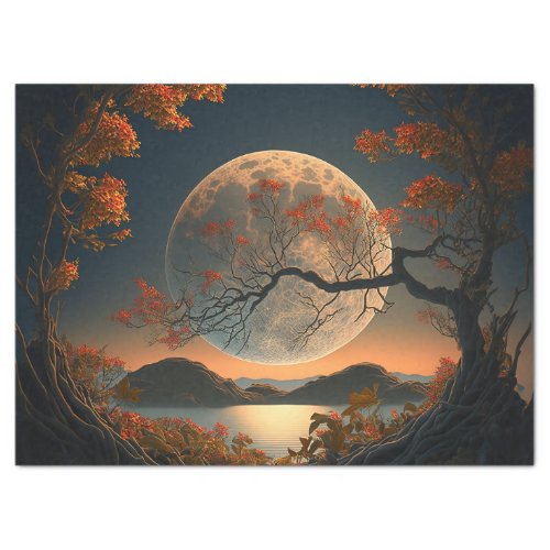Full Moon with Orange Leaf Fall Trees Decoupage Tissue Paper