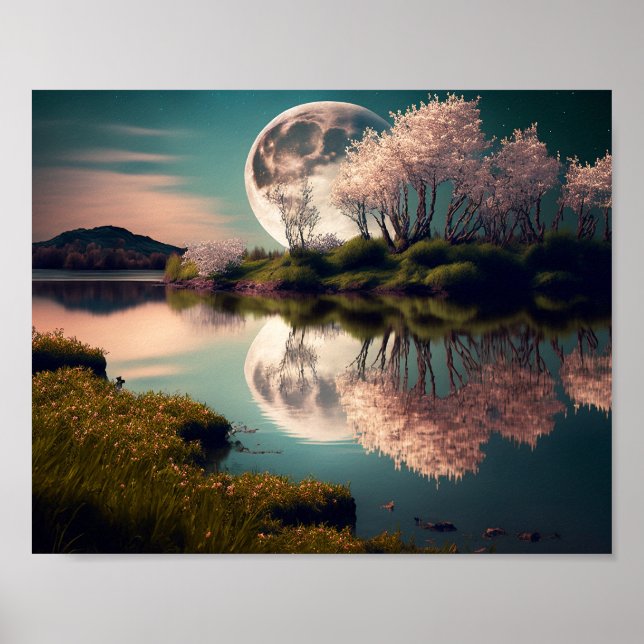 Full Moon with Pink Floral Trees Poster (Front)