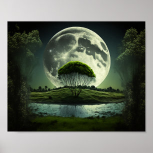 Full Moon with Tree and River Poster