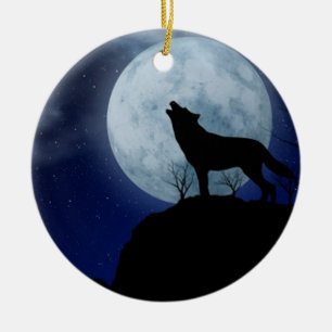 Full Moon Wolf Ceramic Ornament