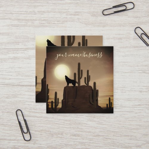 Full Moon Wolf Howling Desert Cactus Square Business Card