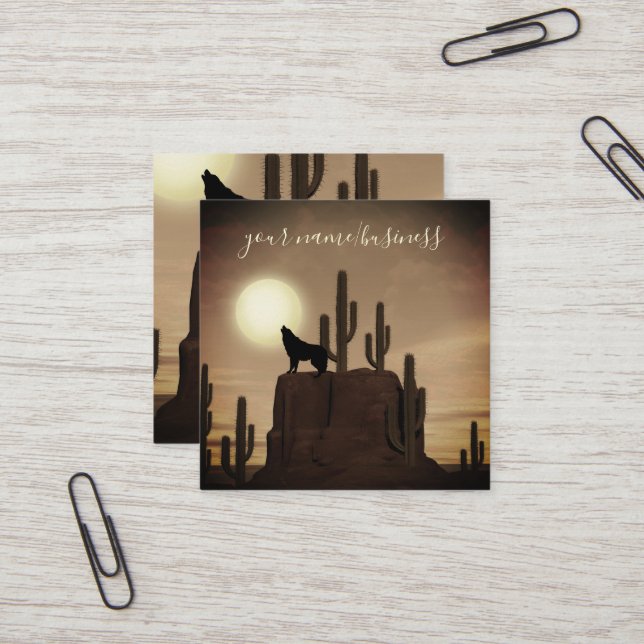 Full Moon Wolf Howling Desert Cactus Square Business Card (Front/Back In Situ)