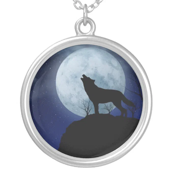 WOLVES SILHOUETTE ROUND METAL PENDANT ON 18" SILVER PLATED CHAIN GIFT IDEA 