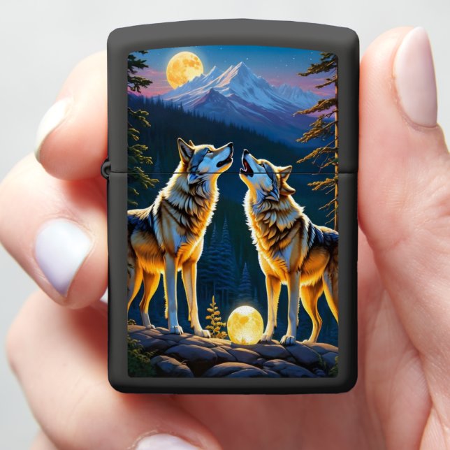 Full Moon's Light on Wolf's Zippo Lighter (In Hand)