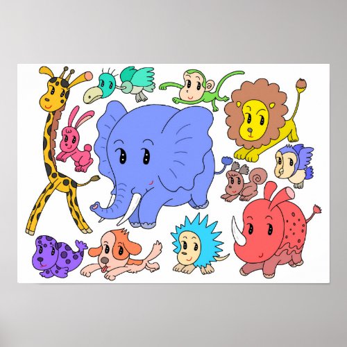 Full of energy! Twelve cheerful animals. Poster