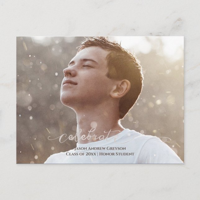 Full page photo silver type graduation invitation postcard (Front)