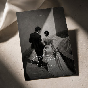 Full Photo Black and White Script Wedding Invitation