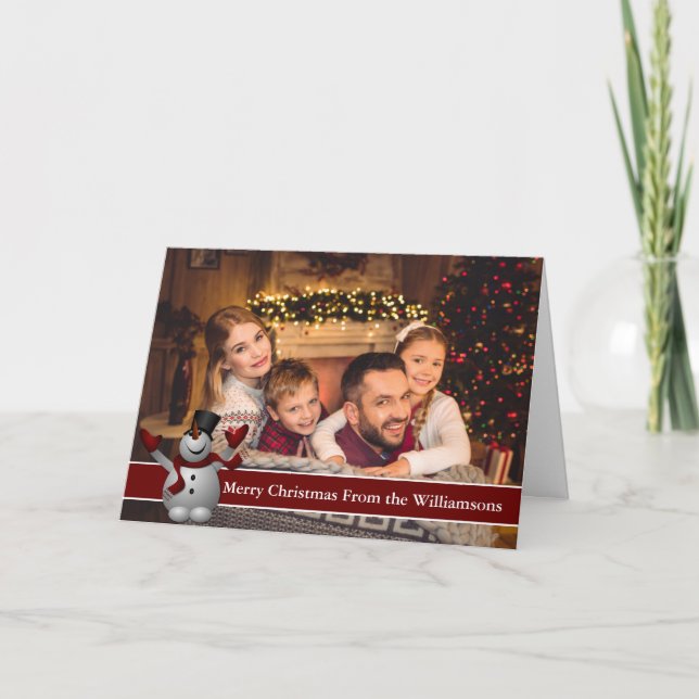 Full Photo Christmas Snowman With Red Text Band Holiday Card (Front)
