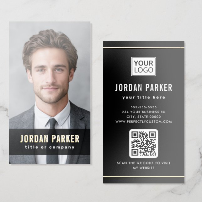 Full photo foil name elegant custom logo black business cards (Front & Back)