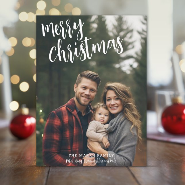 Full Photo Handwritten Merry Christmas Green Back Holiday Card (Rustic Modern Christmas Card with 1 large photo)
