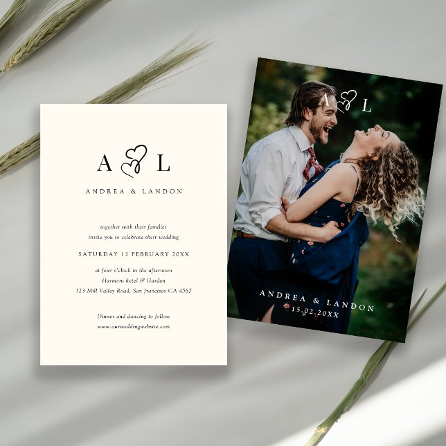 Full Photo Ivory Minimalist Heart Monogram Wedding Invitation (Creator Uploaded)
