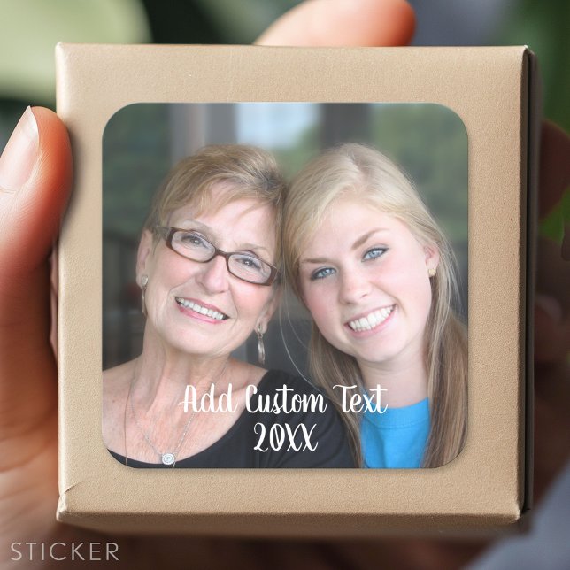 Full Photo Layout with Modern Script Text Square Sticker (Custom Sticker - Personalize with your info for a party favor or gift)