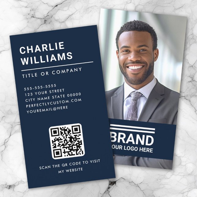 Full photo logo modern minimal QR code dark blue Business Card (Creator Uploaded)