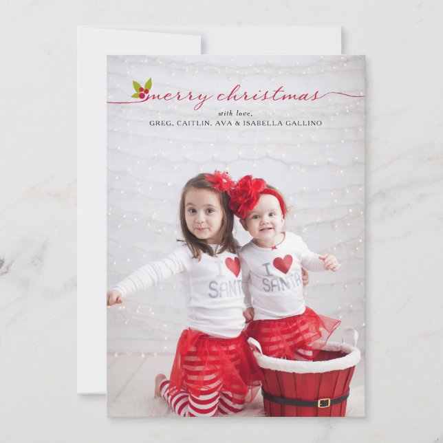Full Photo Merry Christmas Holly and Berries Holiday Card (Front)