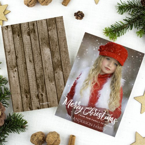 Full Photo Merry Christmas Rustic Wood Holiday Card
