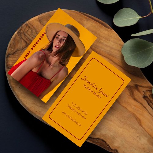 Full Photo Model Photography Orange  Red Script Business Card
