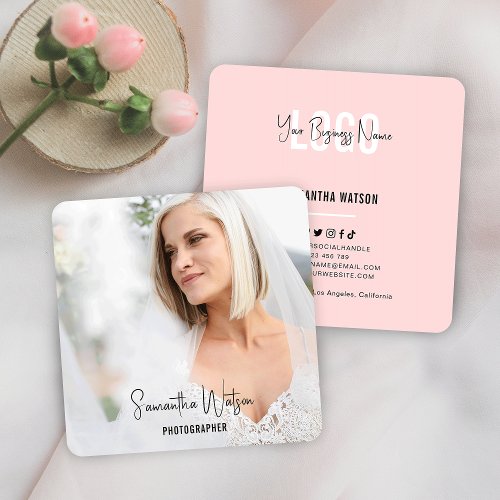 Full Photo Pale Pink Feminine Modern Photography Square Business Card