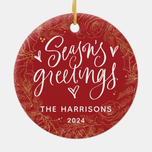 Full Photo Seasons Greetings Red Two Sided Ceramic Ornament