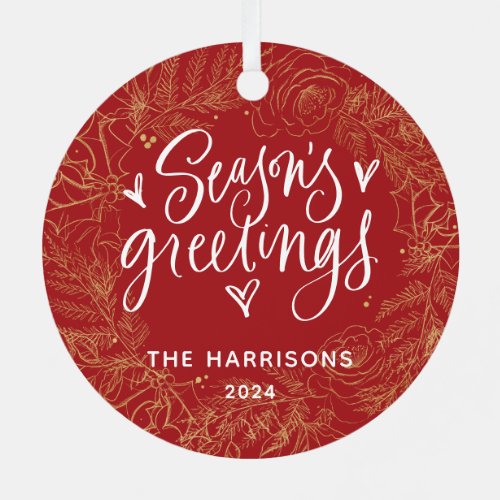 Full Photo Seasons Greetings Red Two Sided Metal Ornament