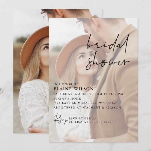Full Photo Simple Elegant Modern Bridal Shower Invitation (Front/Back)