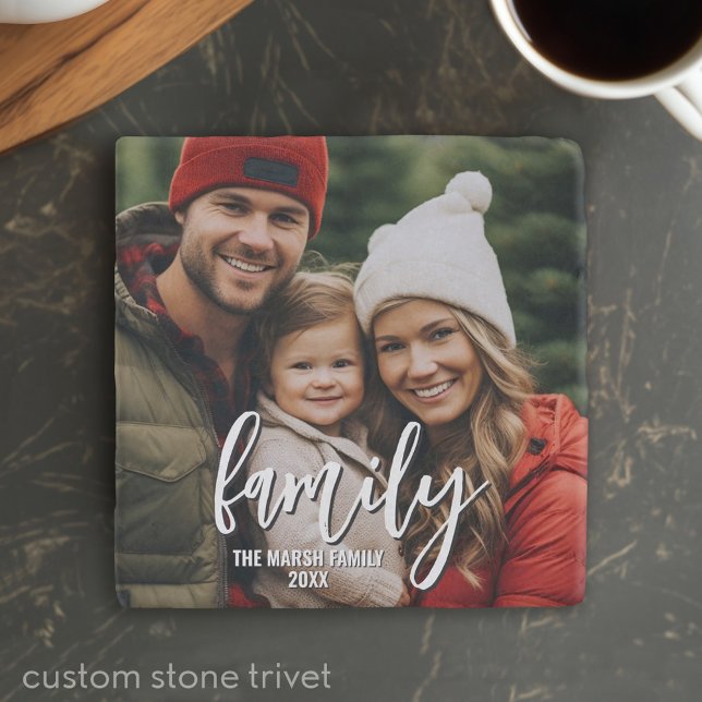 Full Photo - Vertical Custom Script Family Text Trivet (Custom Stone Trivet with a Photo and Text)