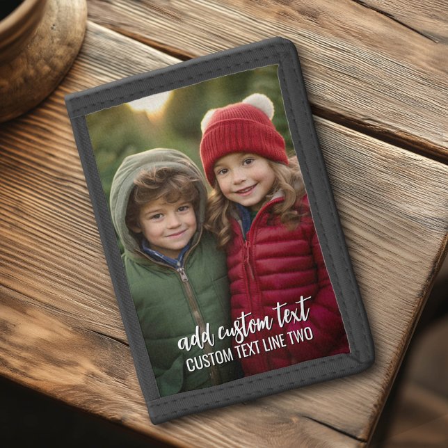 Full Photo with 2 Lines Text - Script and Mod Trifold Wallet (Custom Photo Collage on a Tri-Fold Wallet)