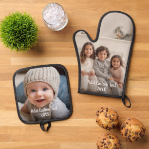 Full Photo with Custom Text in White Script Oven Mitt & Pot Holder Set