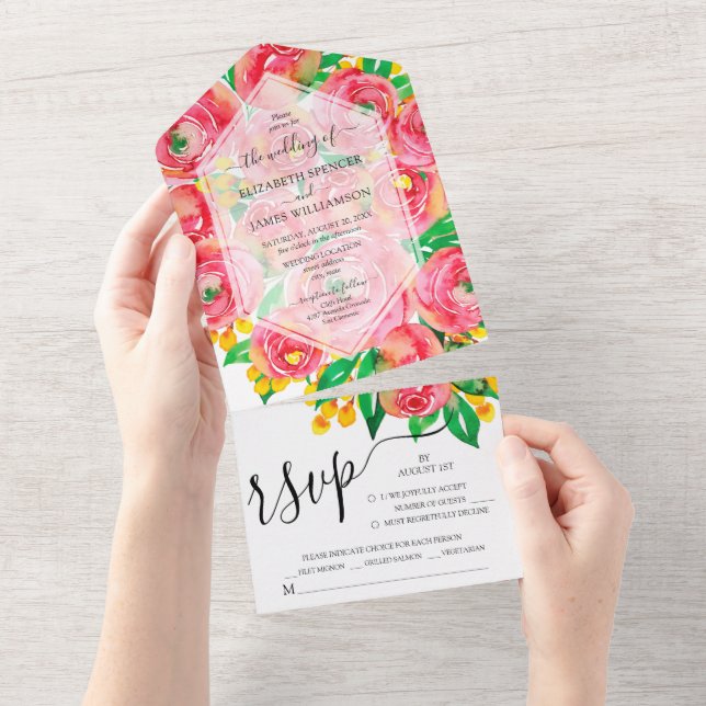 Full Pink Flowers Wedding All In One Invitation (Tearaway)