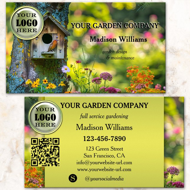Full Service Garden Design Maintenance Business Card (Business card featuring a blossoming garden with a cute bird - gardener - garden design maintenance)